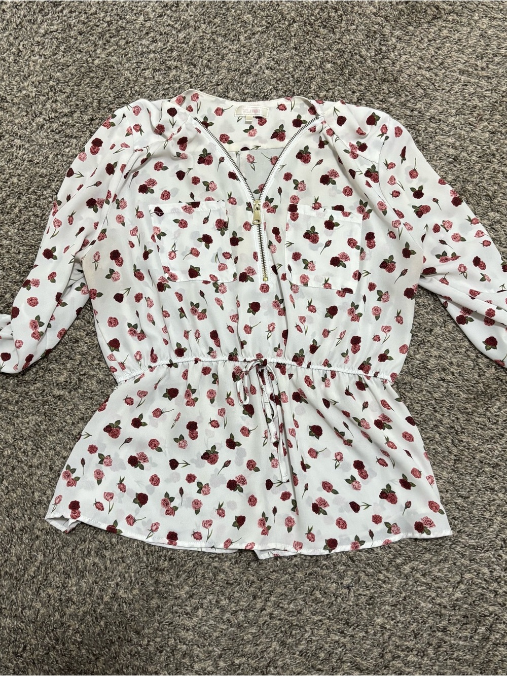 White Floral Zip-Front Peplum Blouse with Drawstring